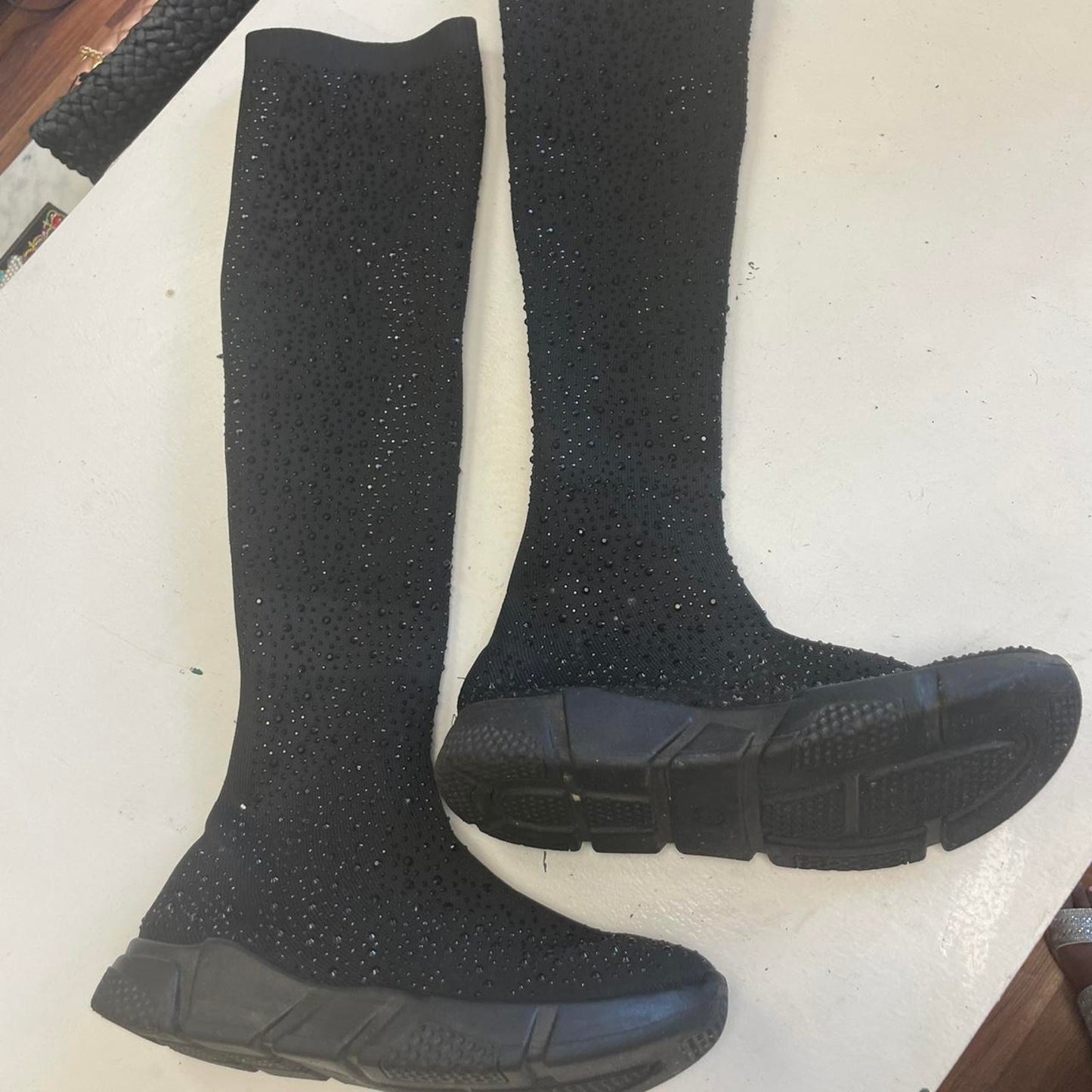 Black glitter knee high boots