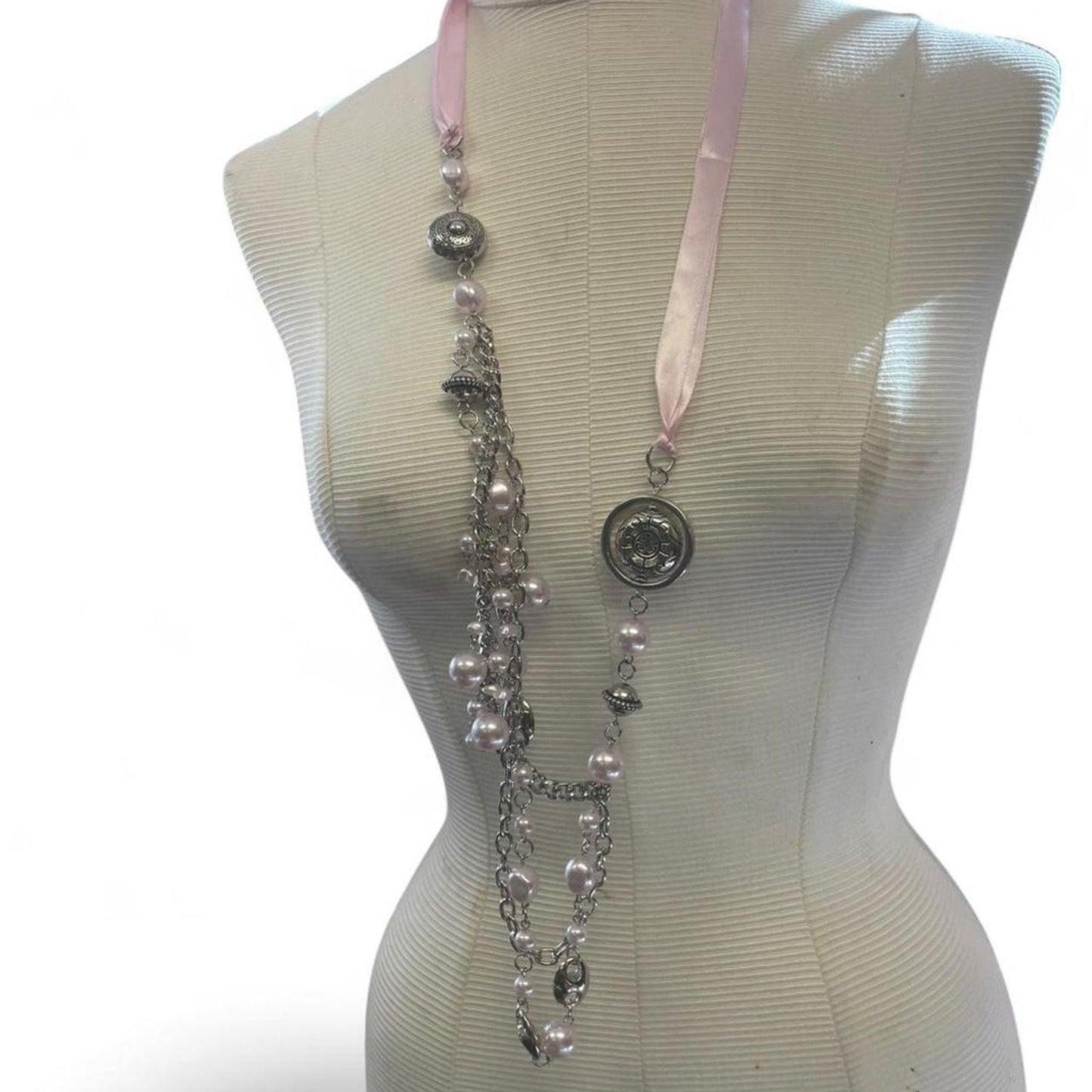 Pink ribbon necklace with silver