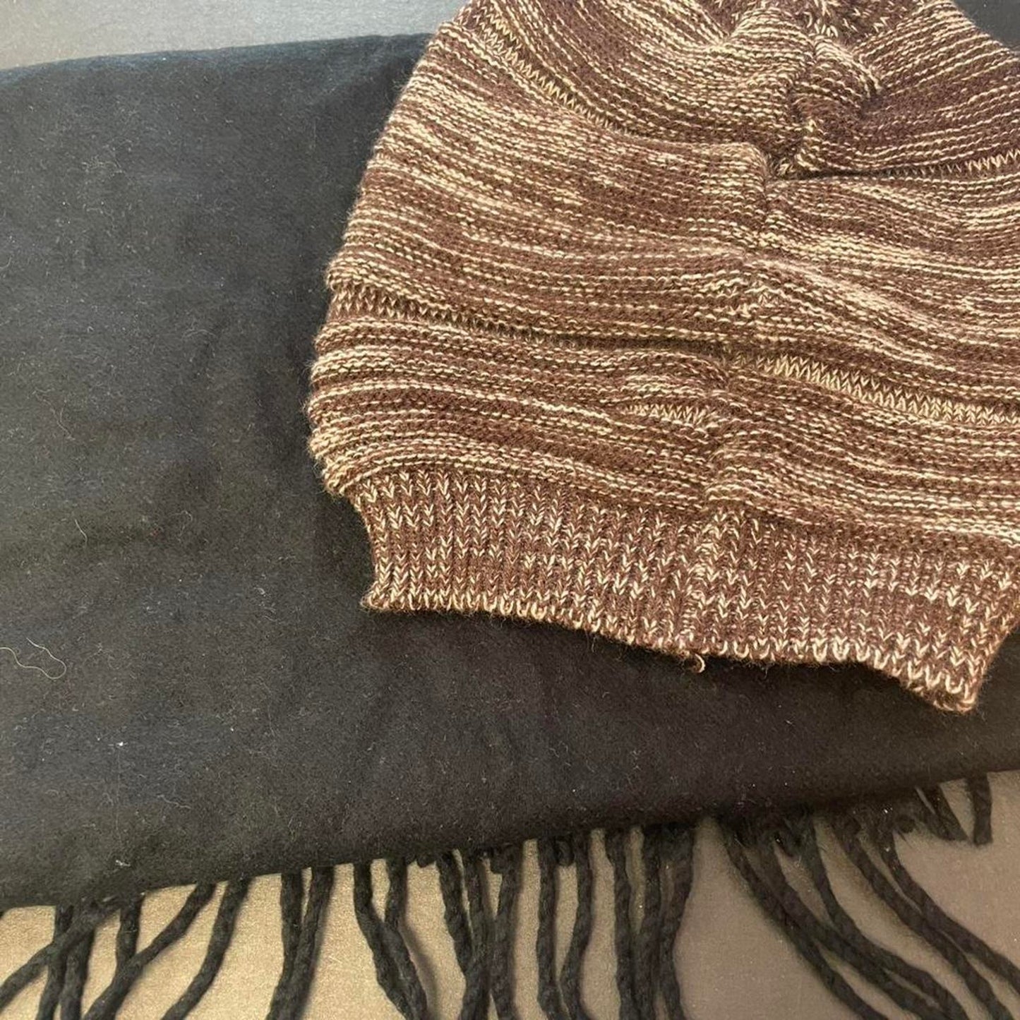 Black and brown scarf and hat