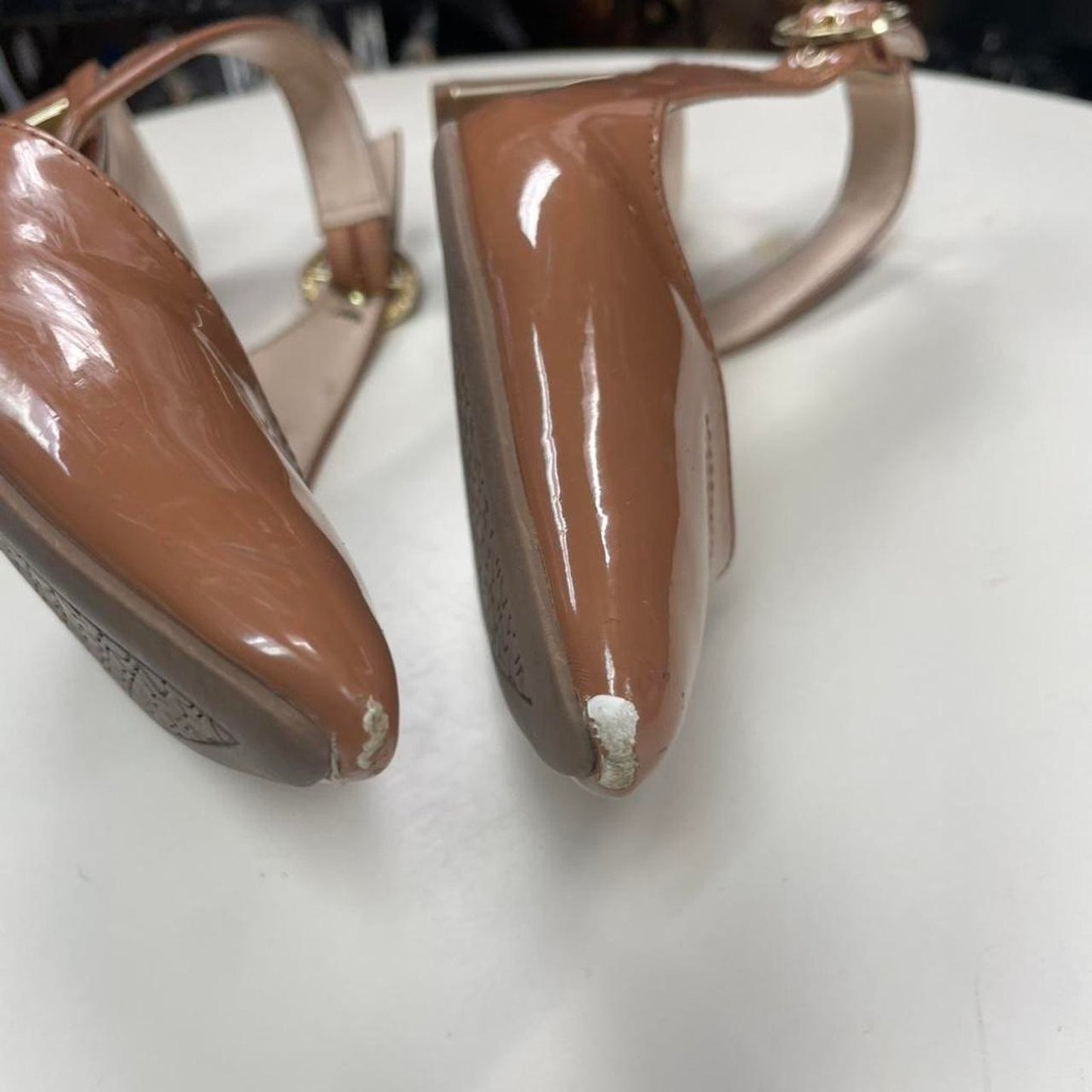 Tan patent leather slingback heels