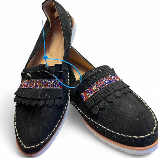 Black suede fringe loafers