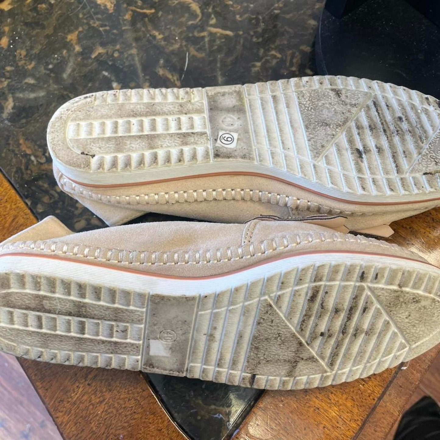 Cream suede fringe loafers with