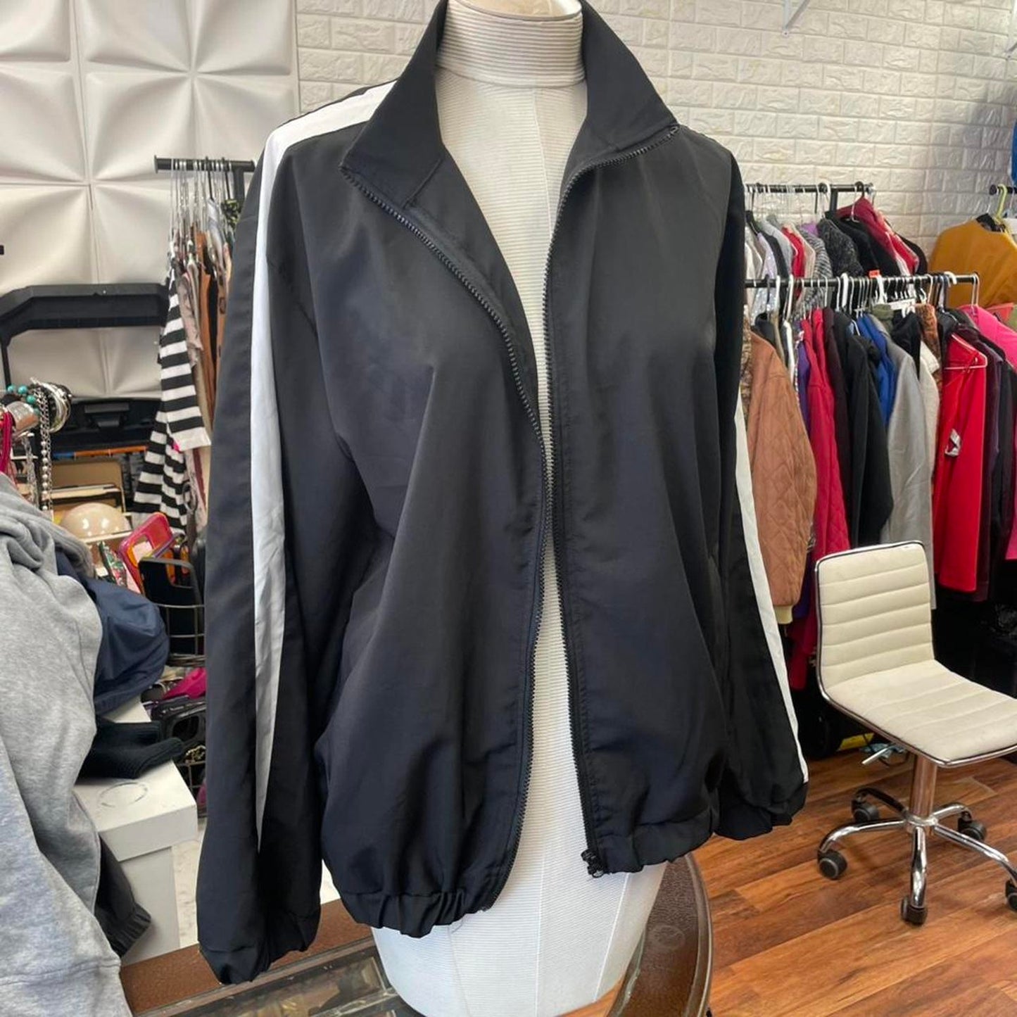 Black white striped windbreaker