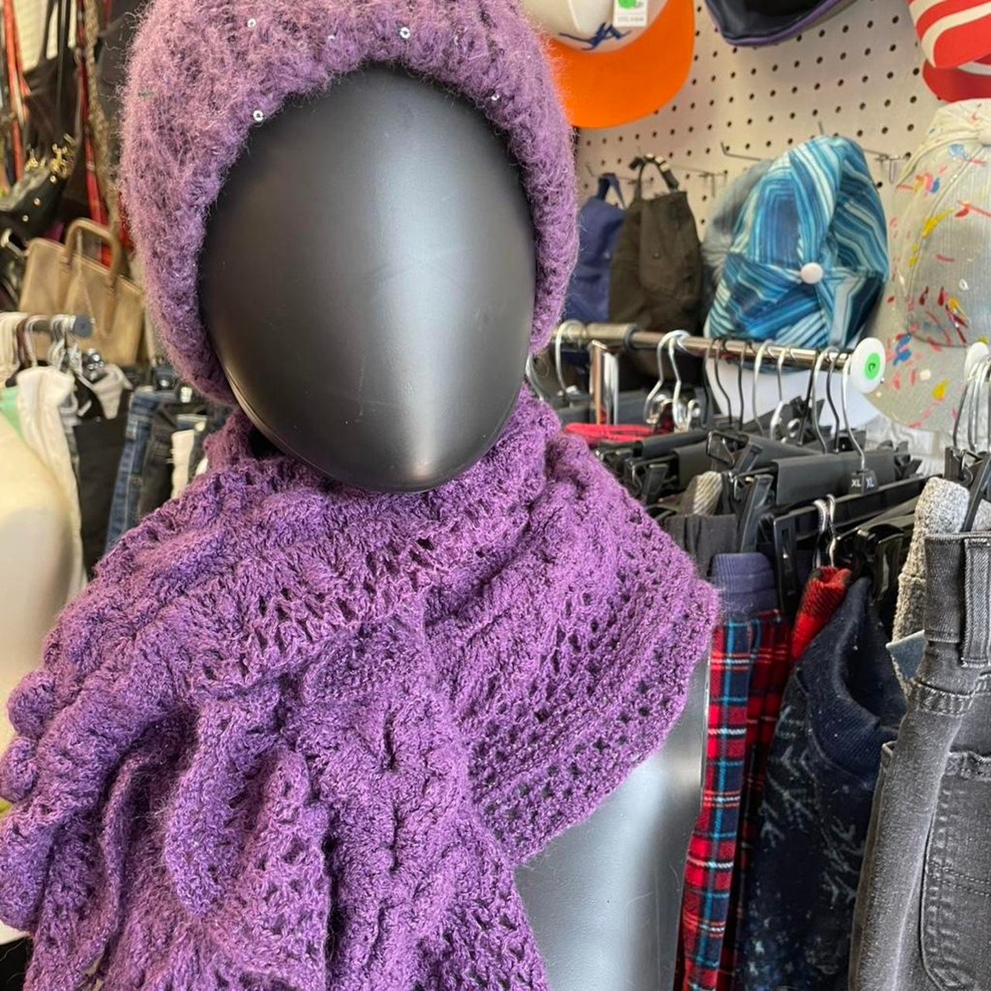 Purple sequin knit beanie and