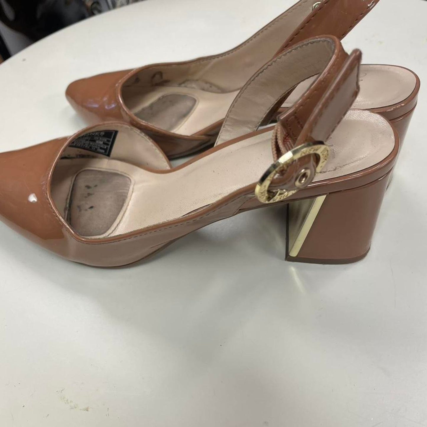 Tan patent leather slingback heels