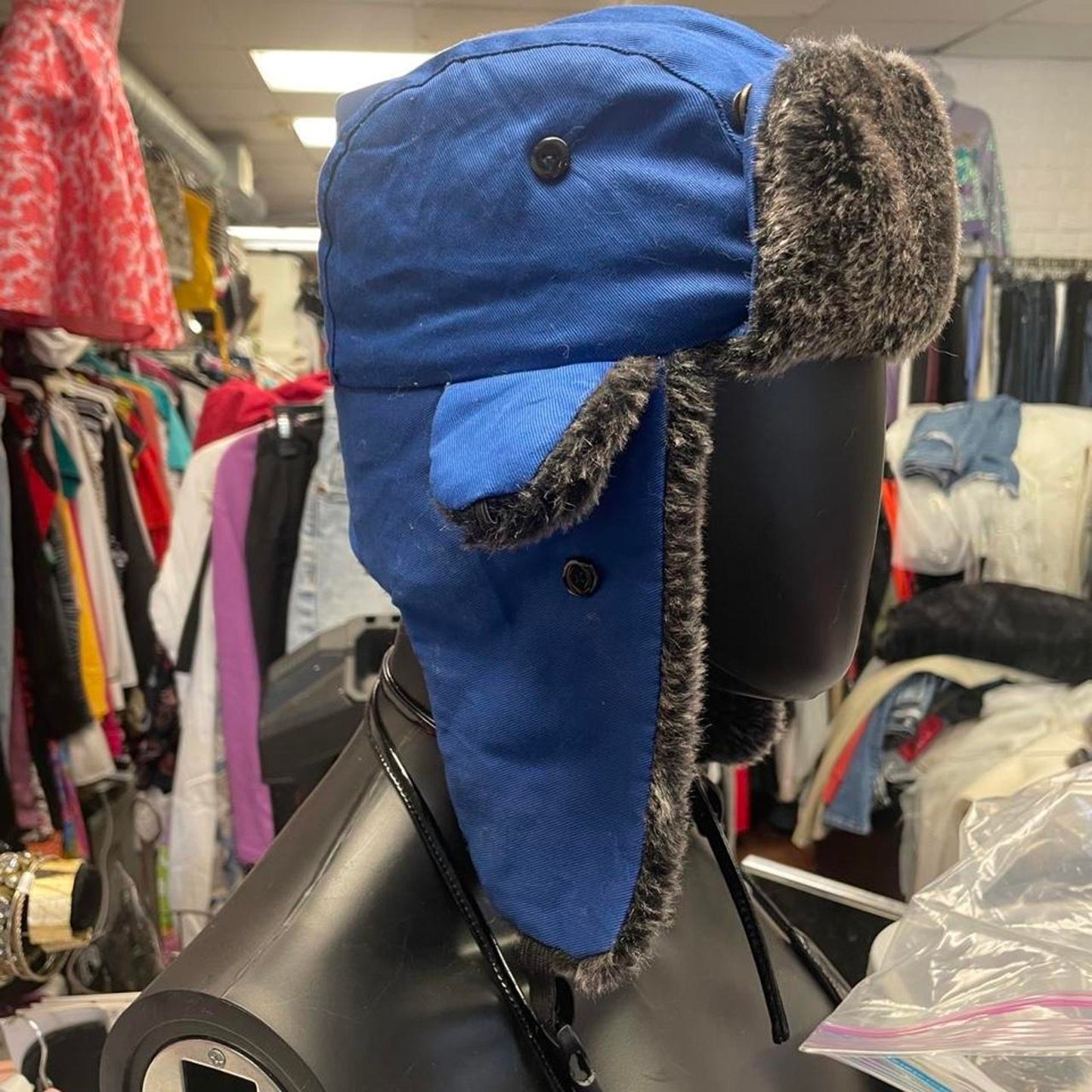 Blue faux fur lined trapper