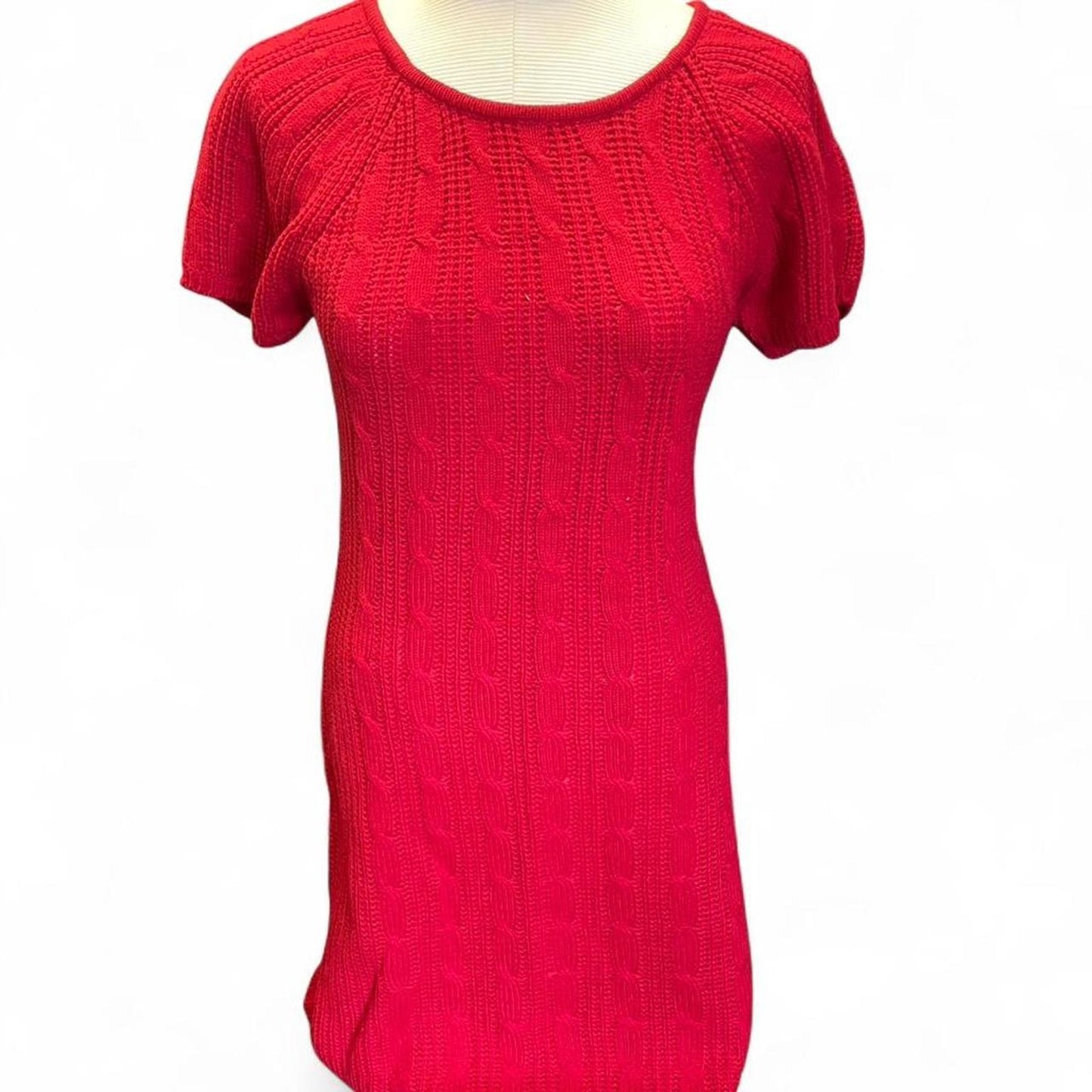 Red cable knit sweater dress