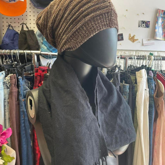 Black and brown scarf and hat