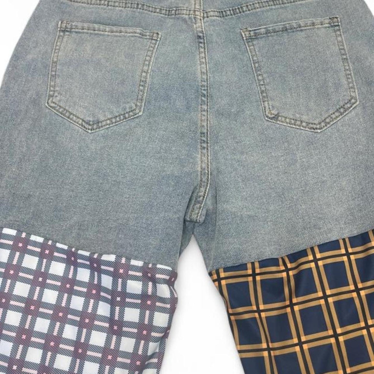 Patchwork denim shorts with plaid