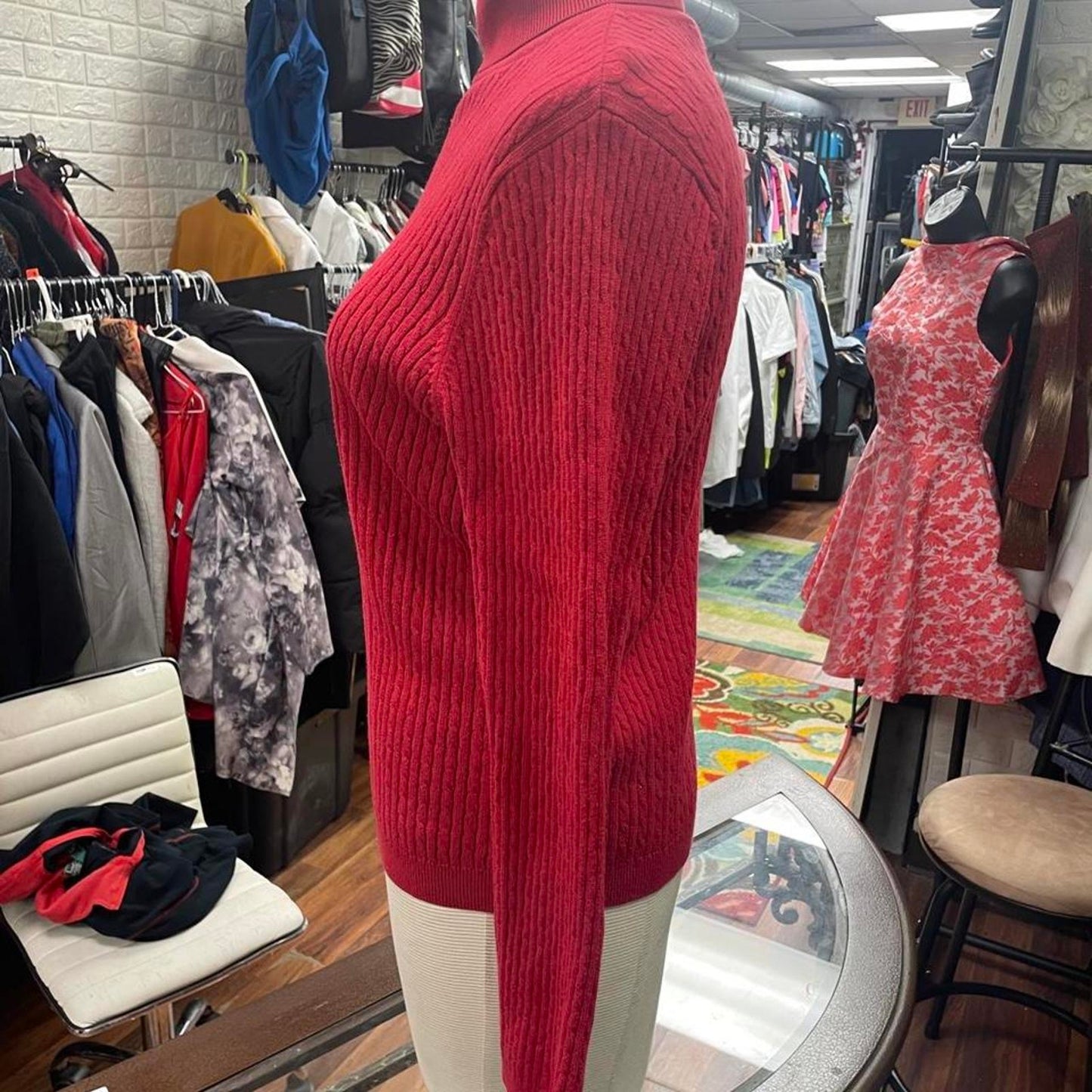 Red cable knit turtleneck sweater