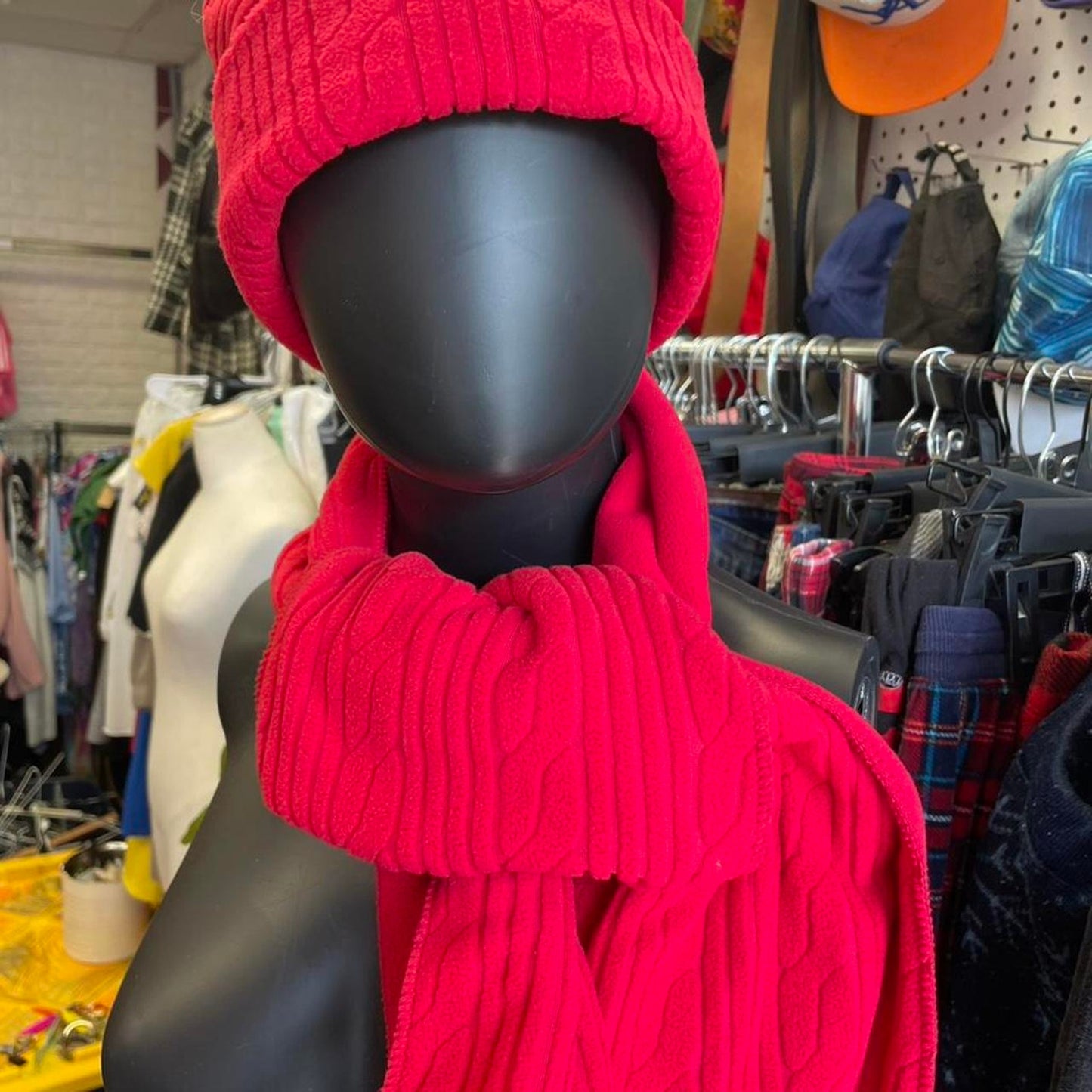 Red fleece scarf and beanie