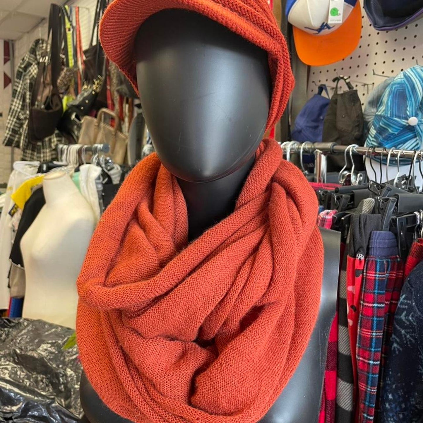 Orange knit hooded scarf winterwear