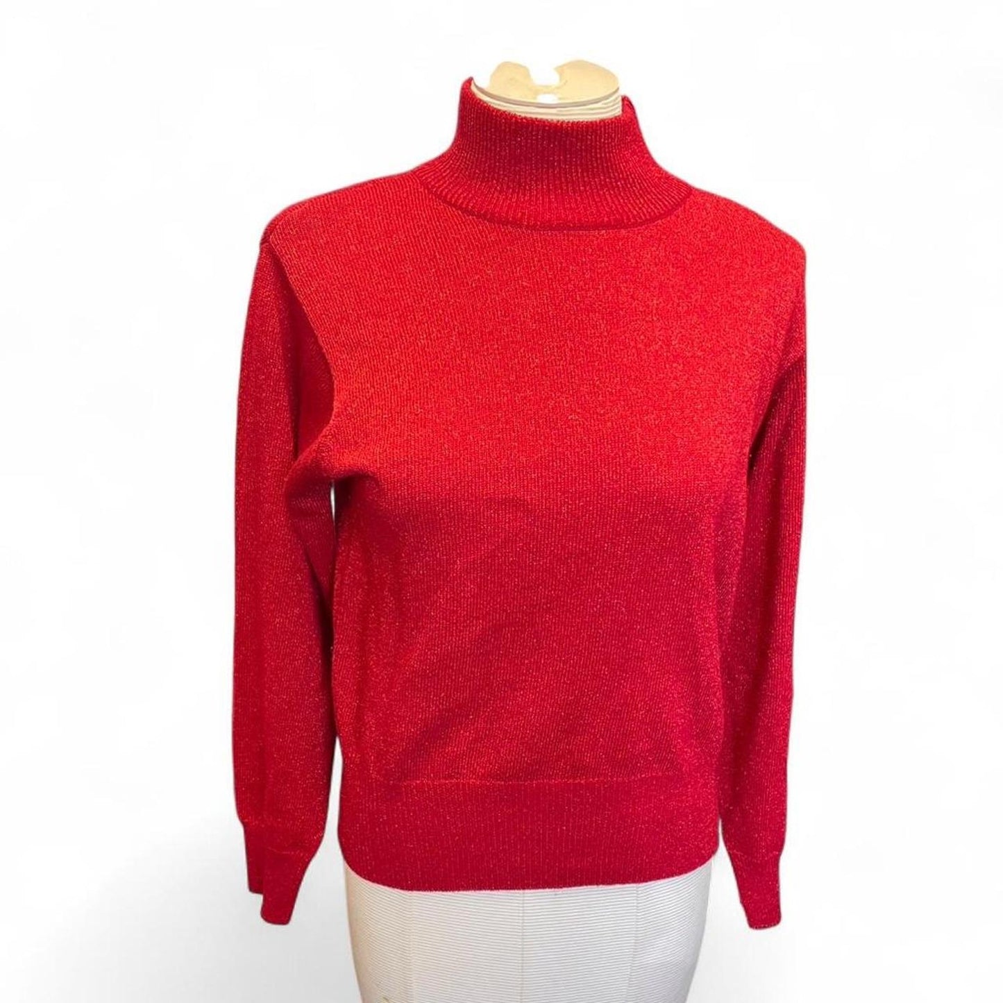 Red turtleneck sweater with metallic