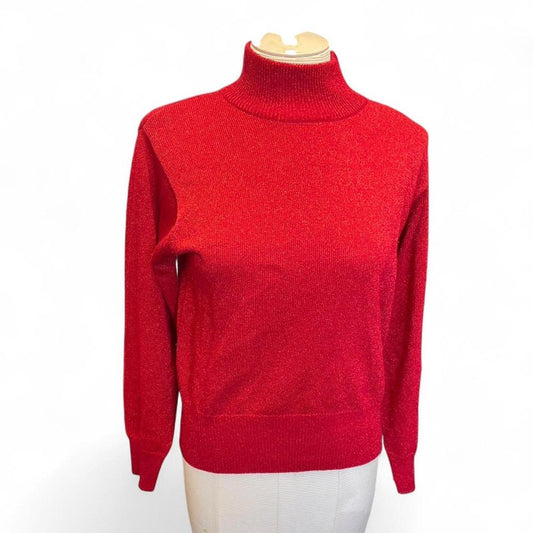 Red turtleneck sweater with metallic