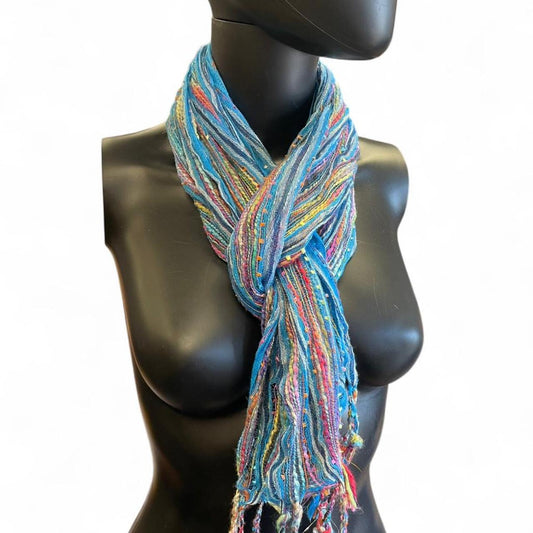Multicoloured striped scarf with tassels