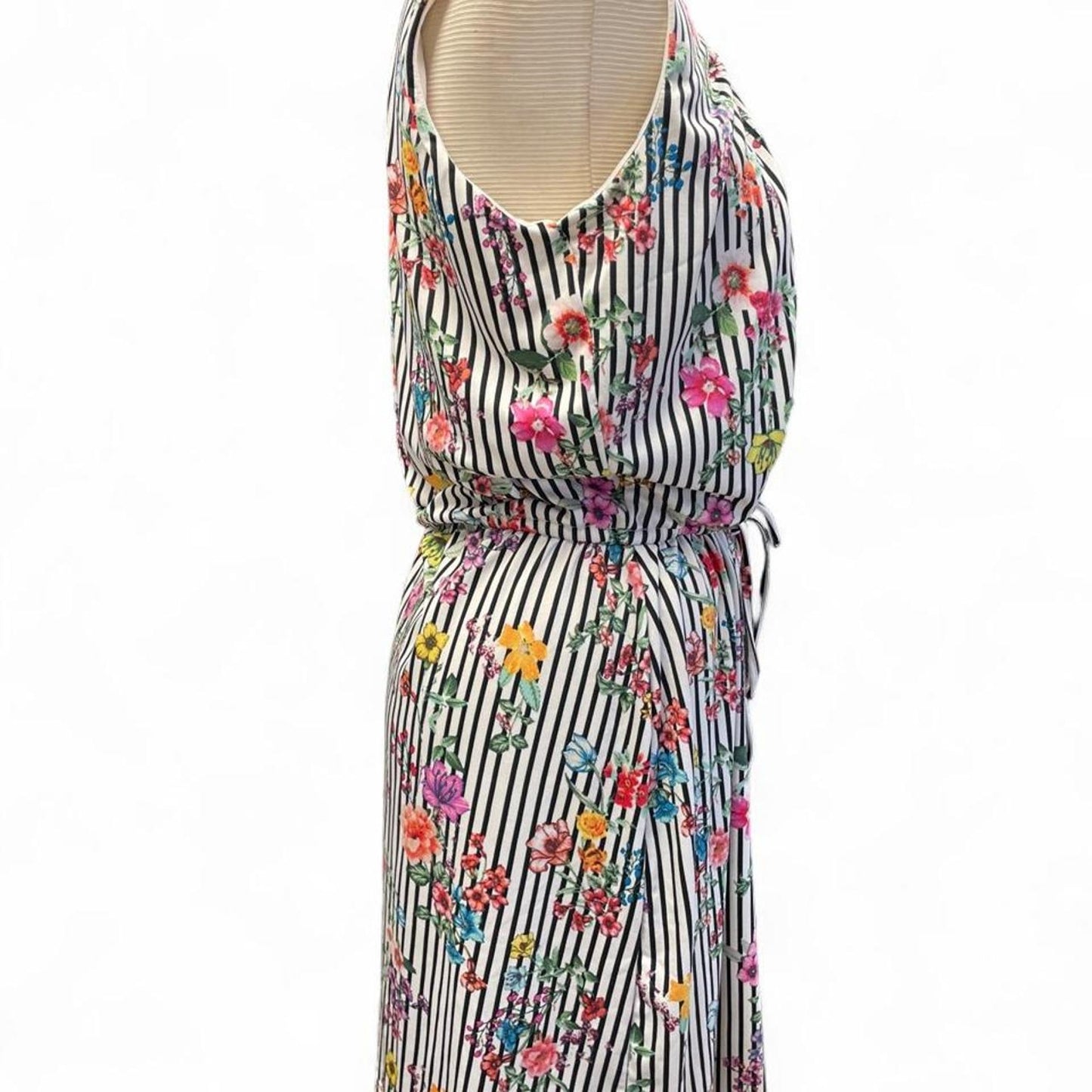 White black striped floral dress