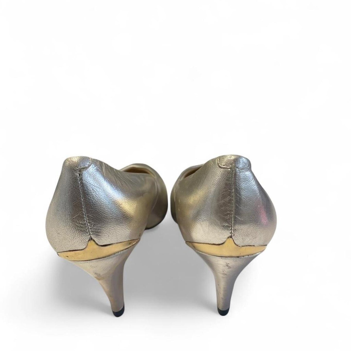 Silver metallic leather kitten heels