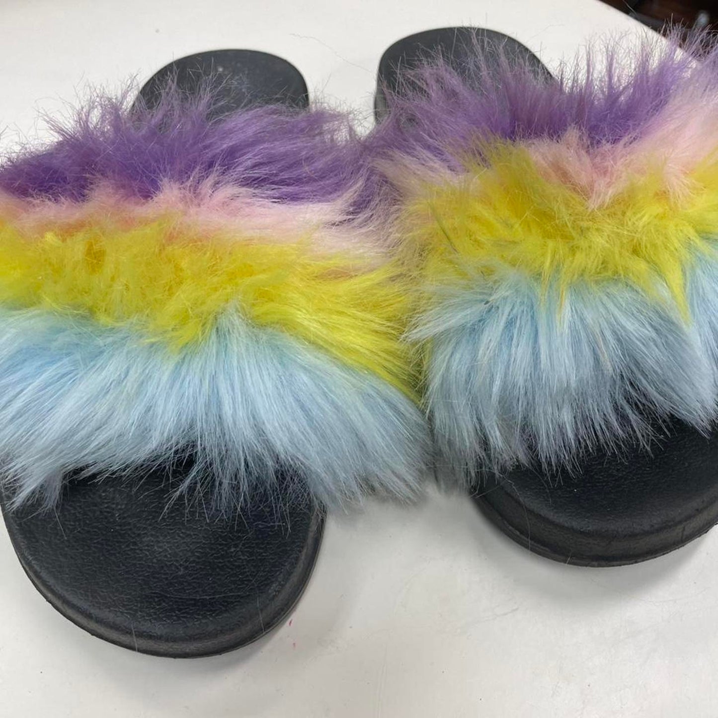 Pastel rainbow fur slides pastel