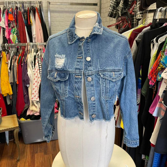 Cropped denim jacket with distressed