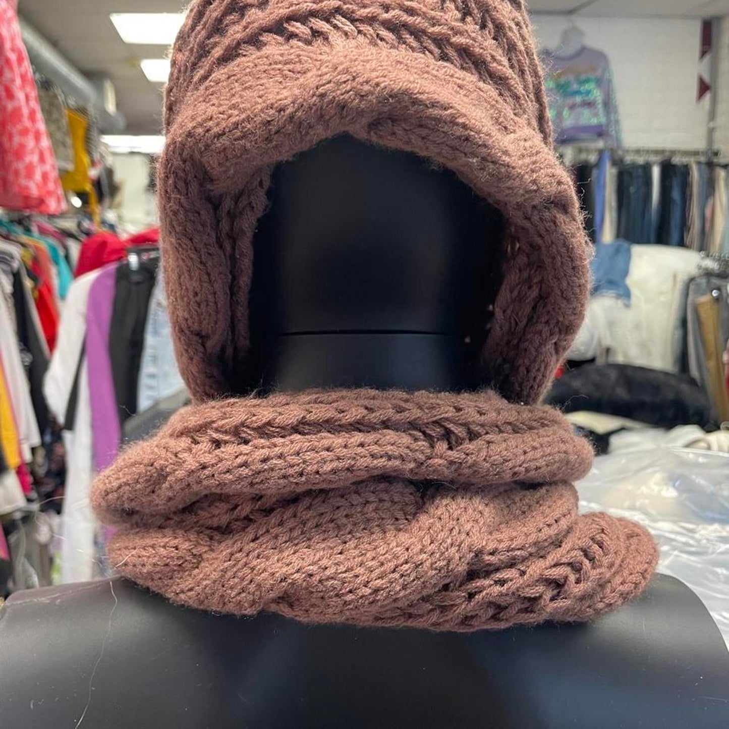 Brown knit hooded scarf knitwear