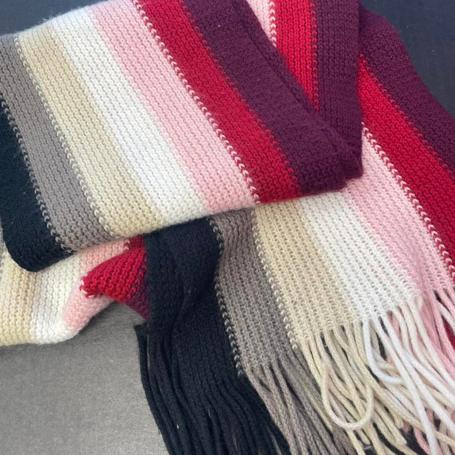 Striped knit scarf with fringe