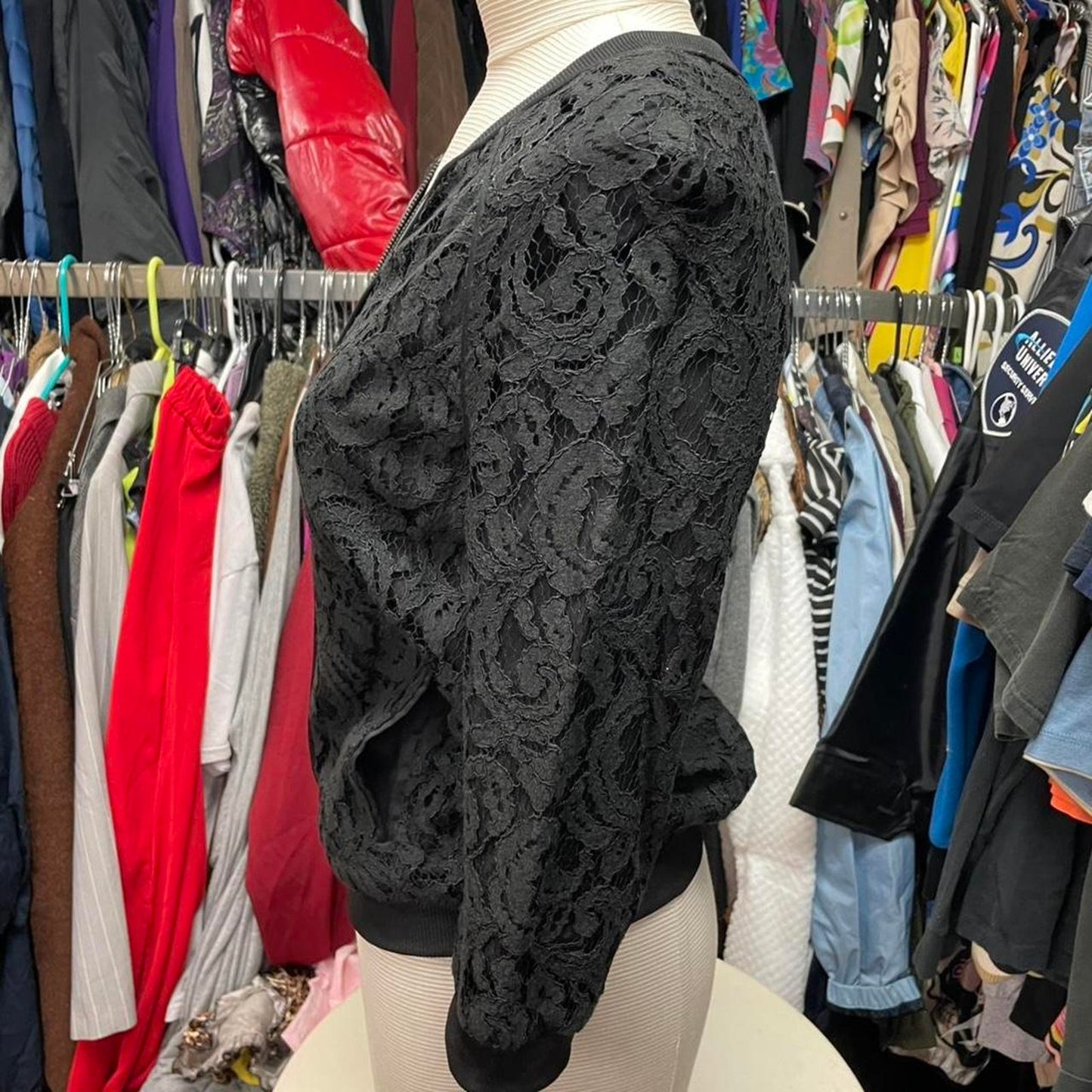 Black lace bomber jacket with