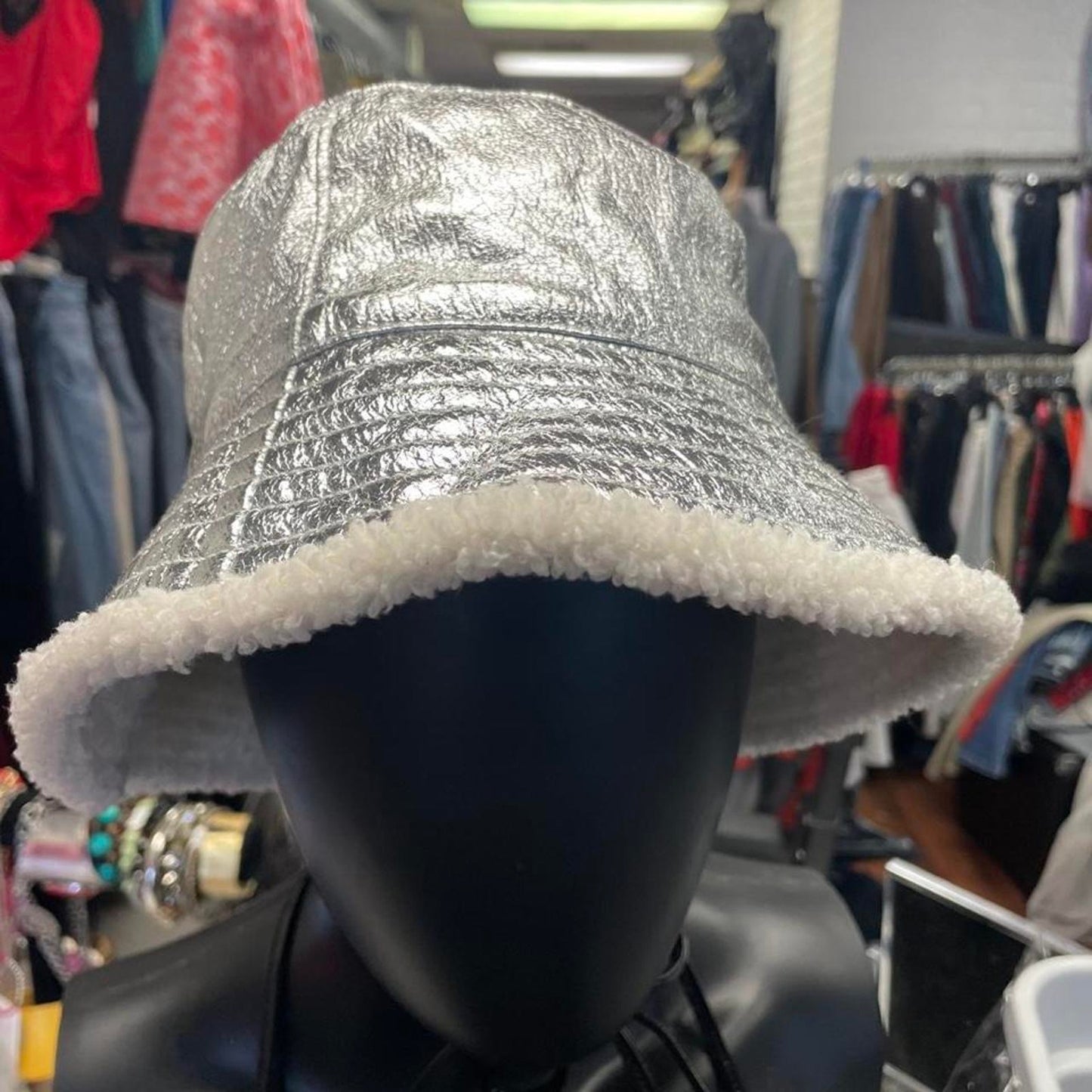 Silver metallic bucket hat with