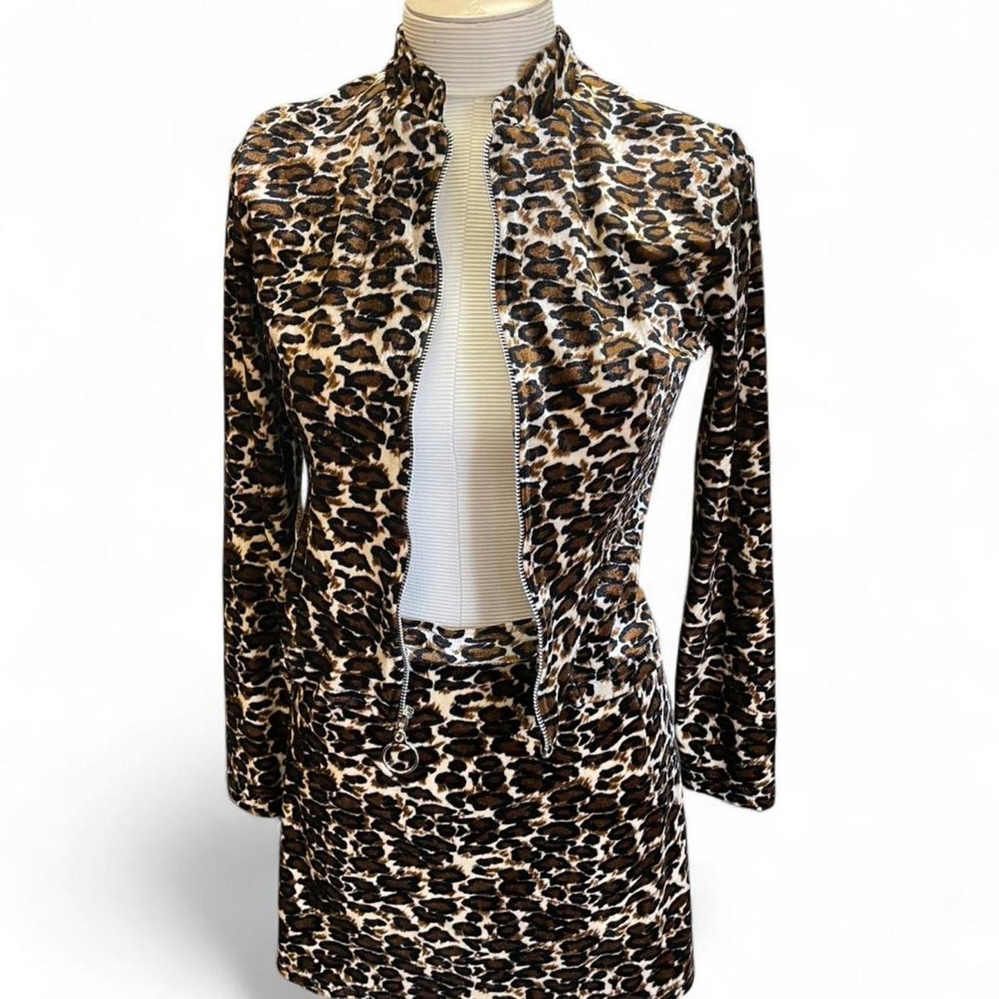 Leopard print zip up long sleeve two piece