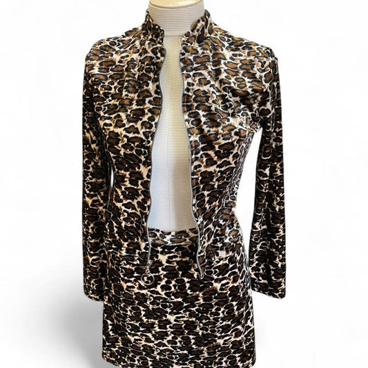 Leopard print zip up long sleeve two piece