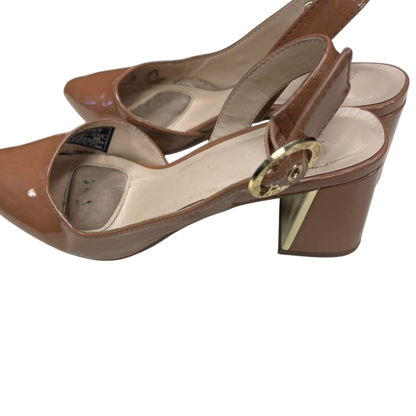 Tan patent leather slingback heels