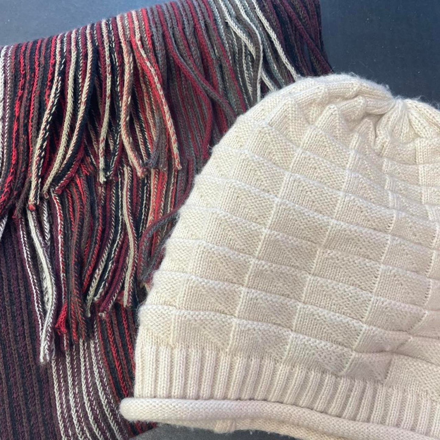Cream red striped scarf and hat