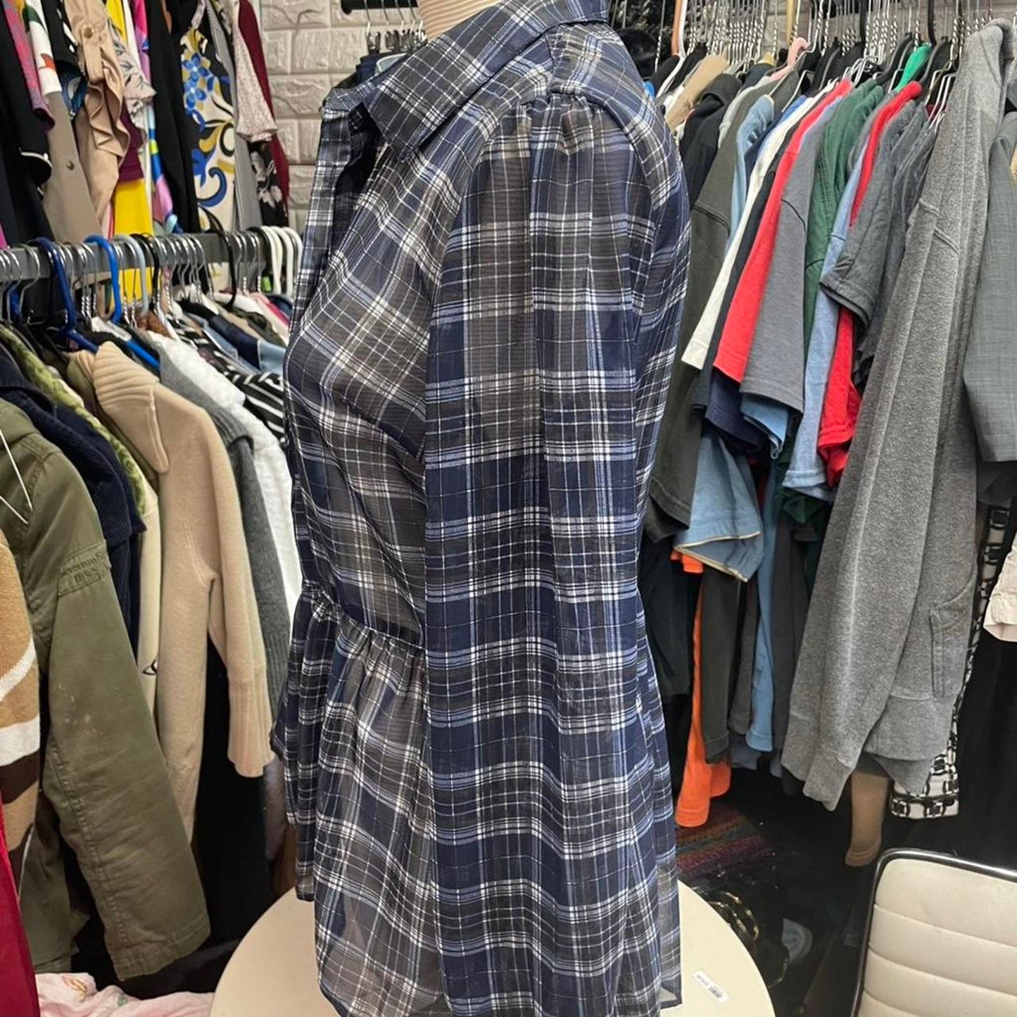 Navy blue plaid button up