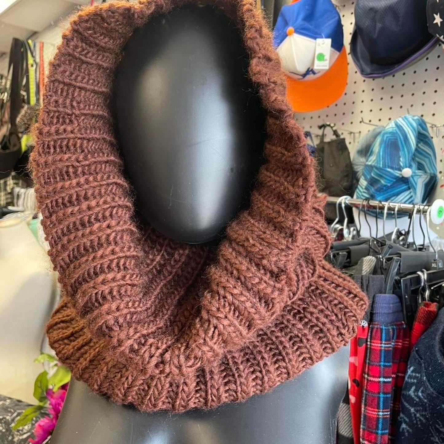 Brown knitted cowl neck scarf