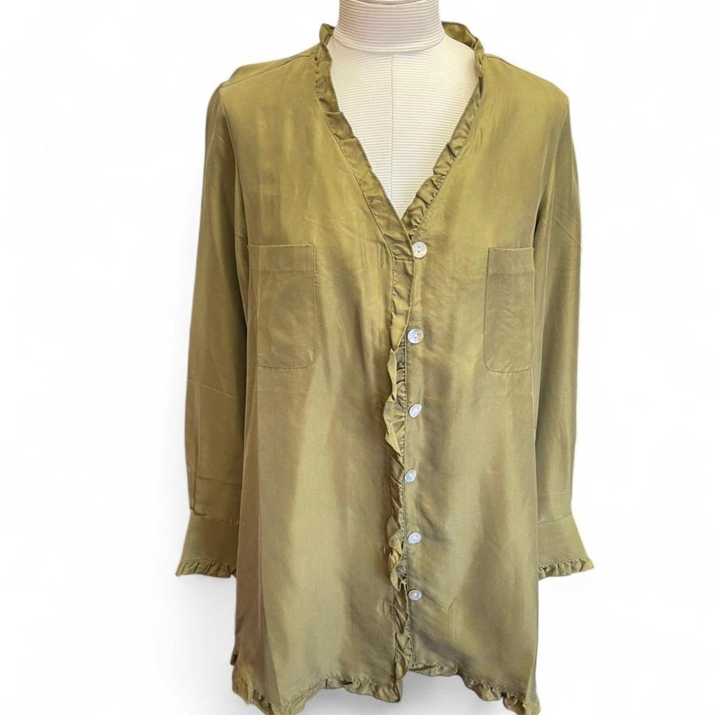 Olive green silk button up