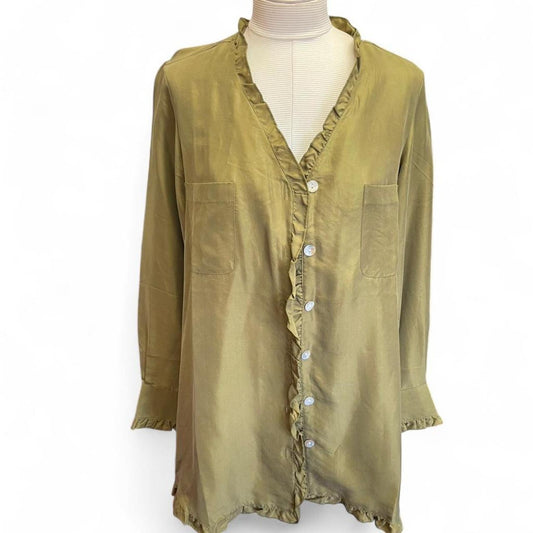 Olive green silk button up