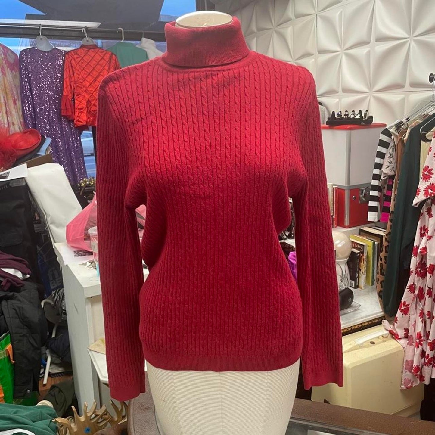 Red cable knit turtleneck sweater