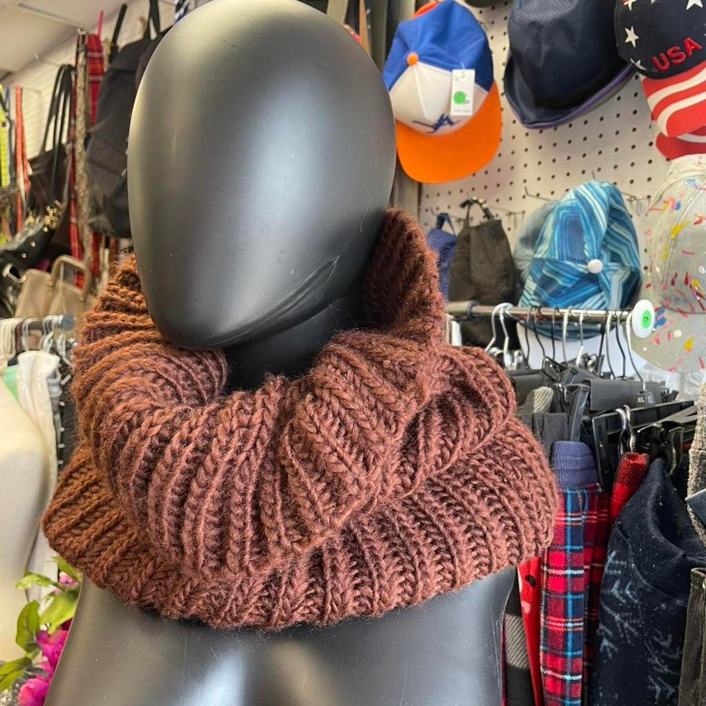Brown knitted cowl neck scarf
