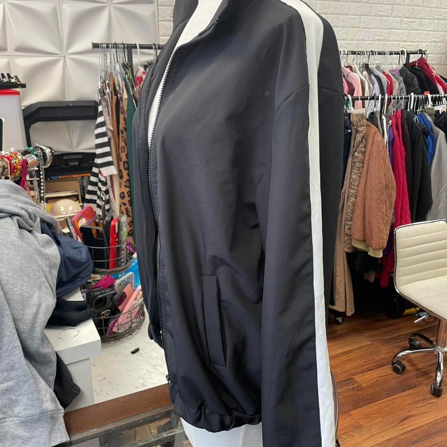 Black white striped windbreaker