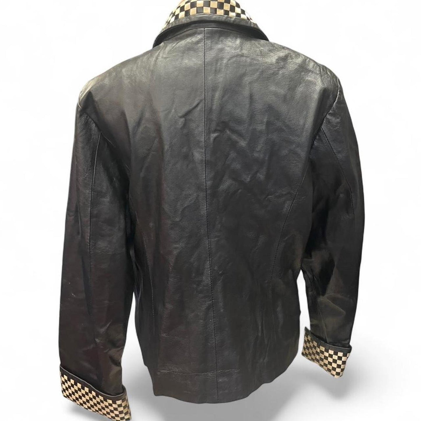 Black leather blazer with checkered