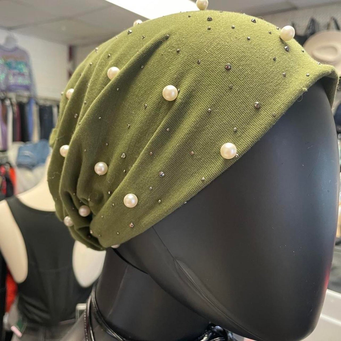 Green beaded and pearl embellished