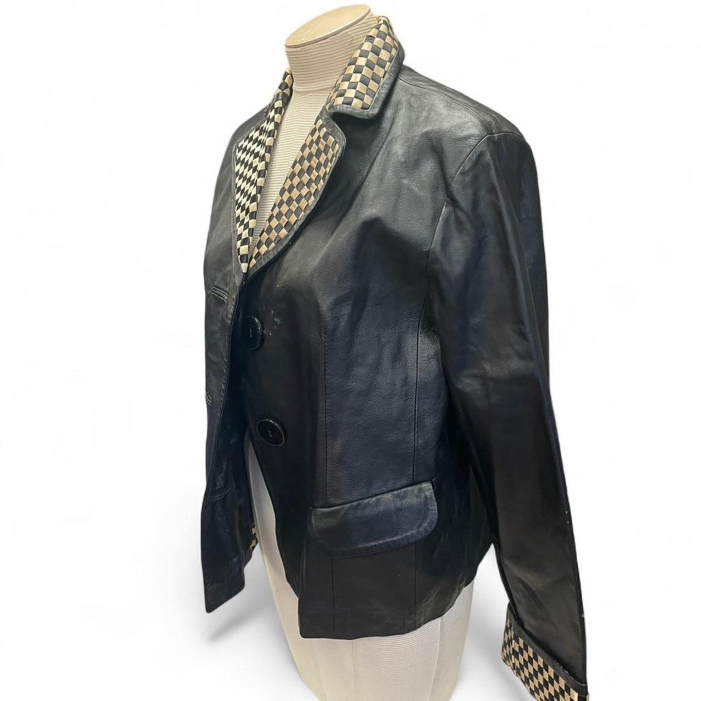 Black leather blazer with checkered