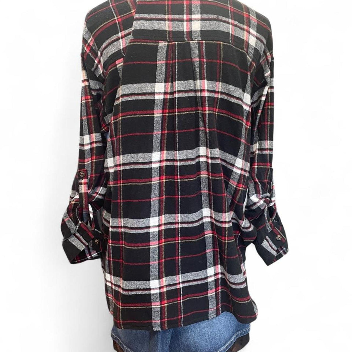 Black red and white plaid shirt