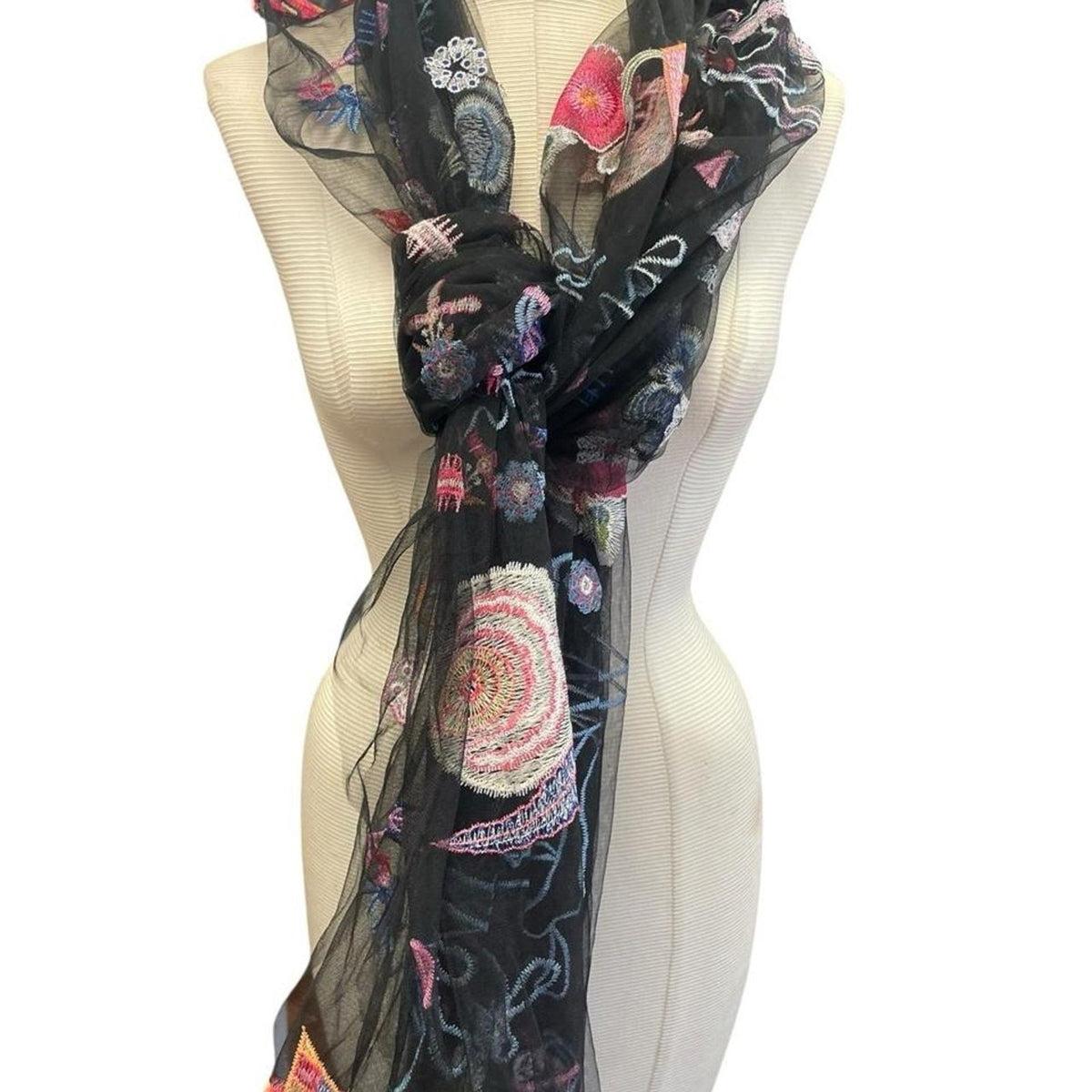 Black sheer scarf with embroidered