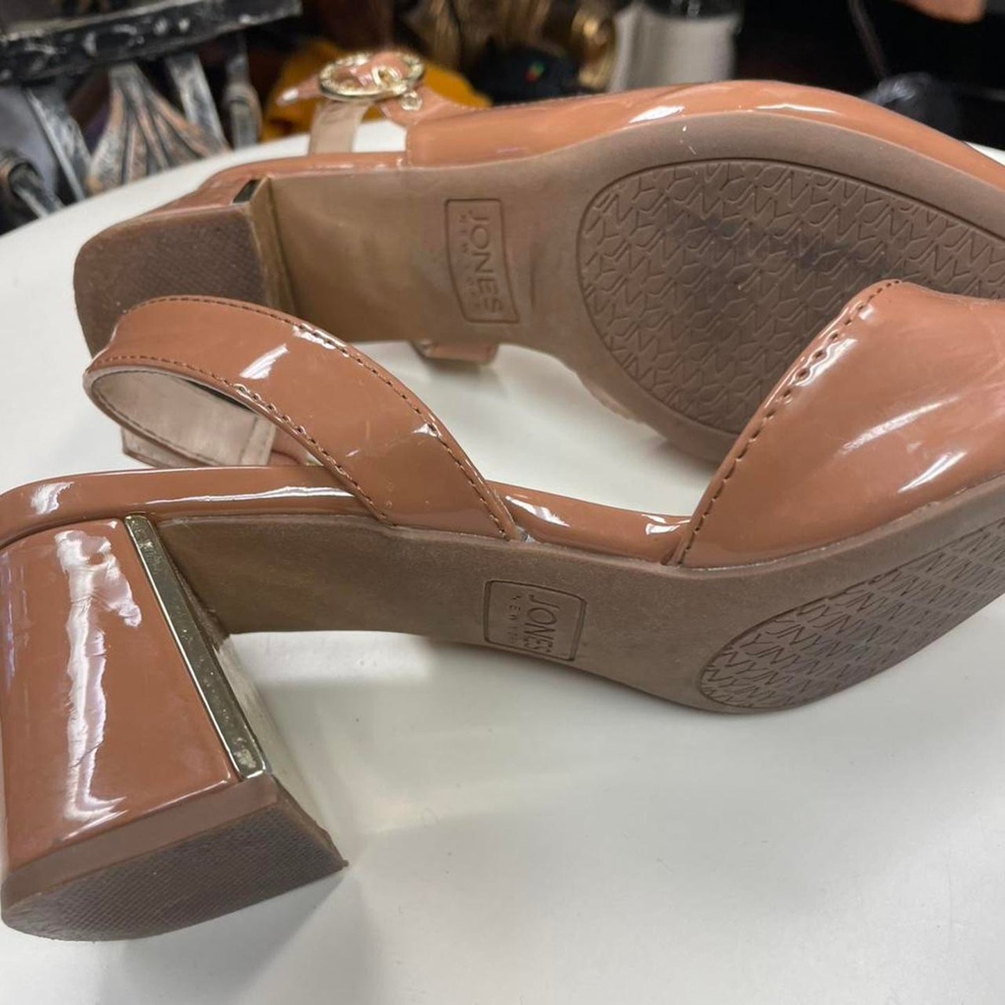 Tan patent leather slingback heels