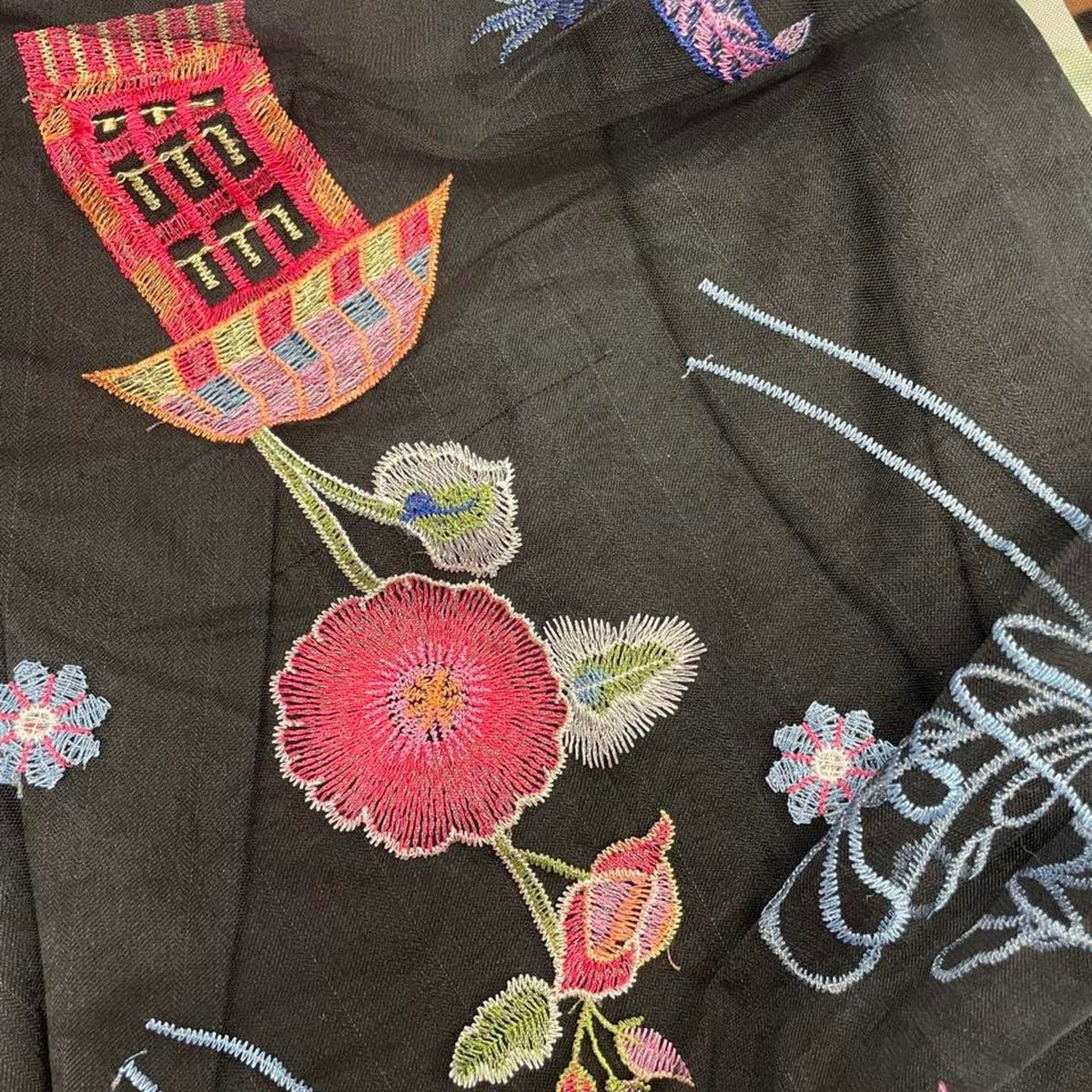 Black sheer scarf with embroidered