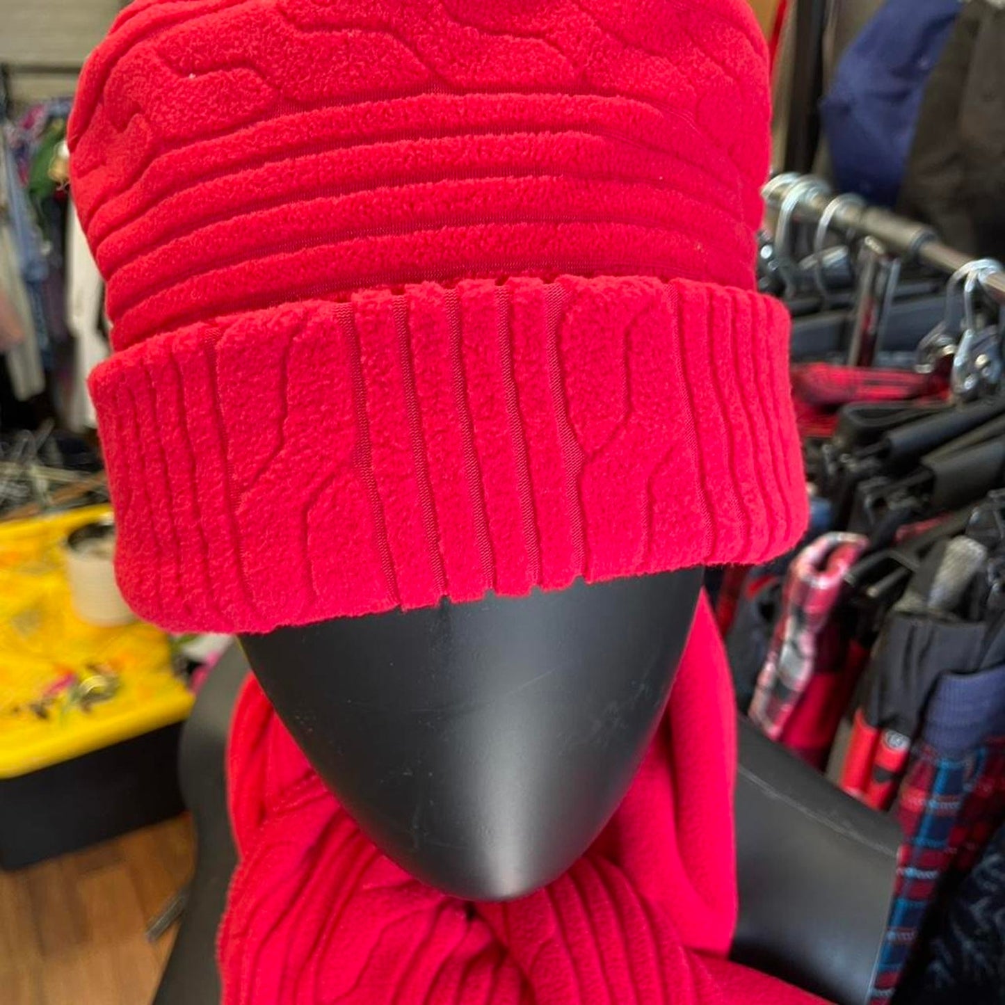 Red fleece scarf and beanie
