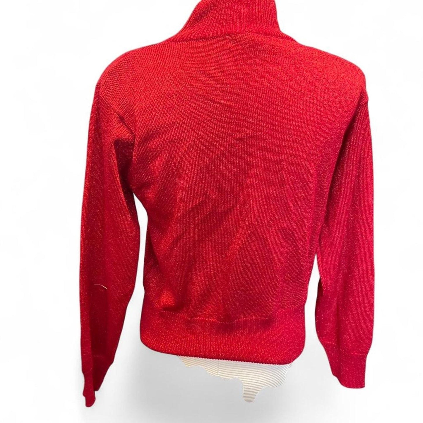 Red turtleneck sweater with metallic