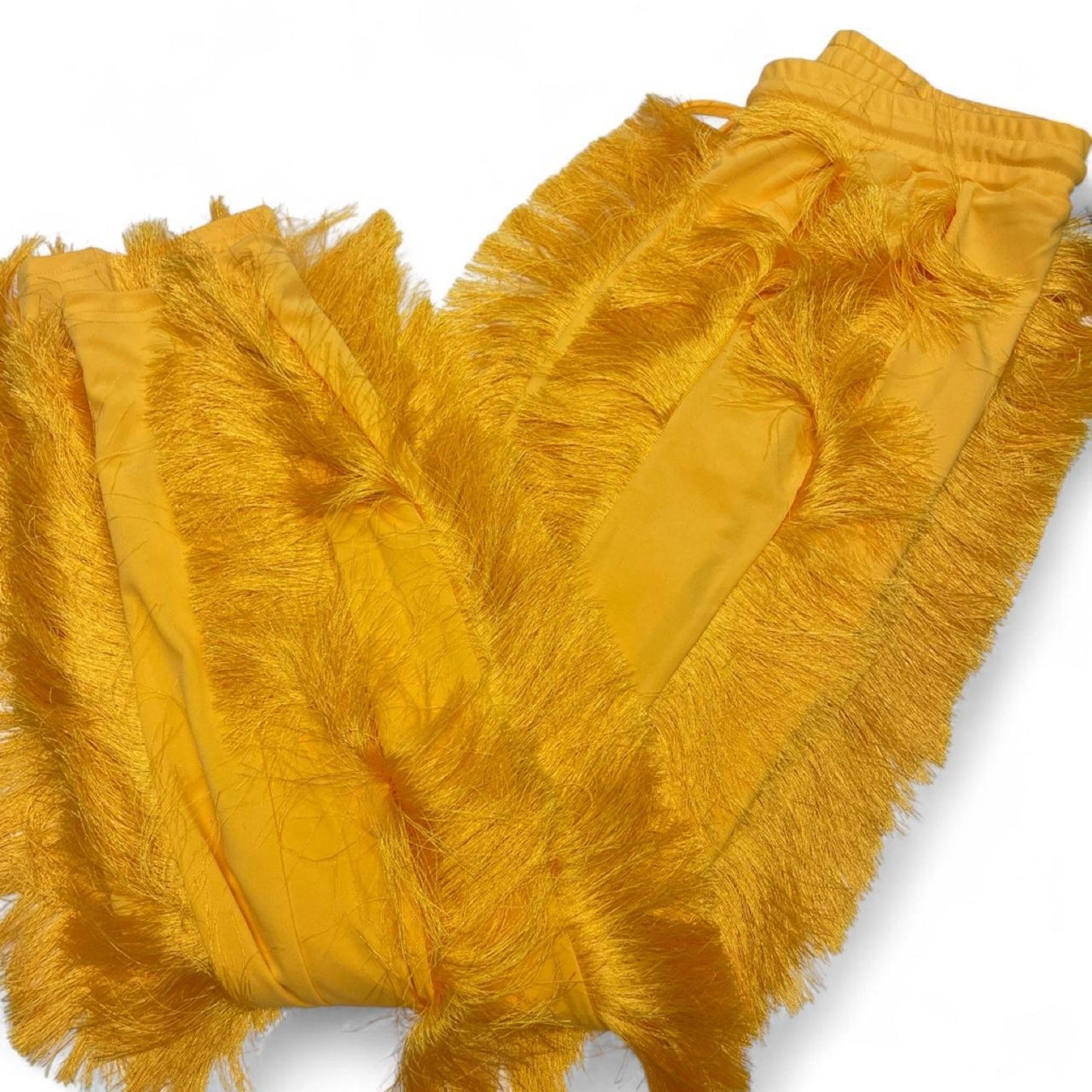 Yellow feathered pants with fringe