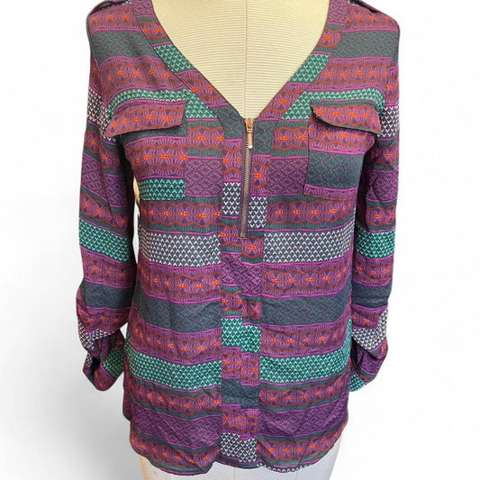 Purple and green patterned blouse