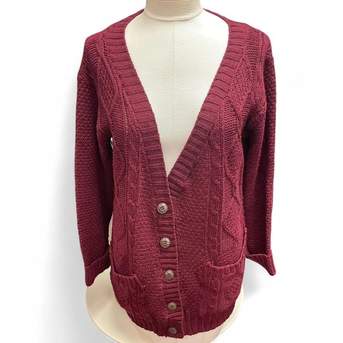 Burgundy cable knit cardigan